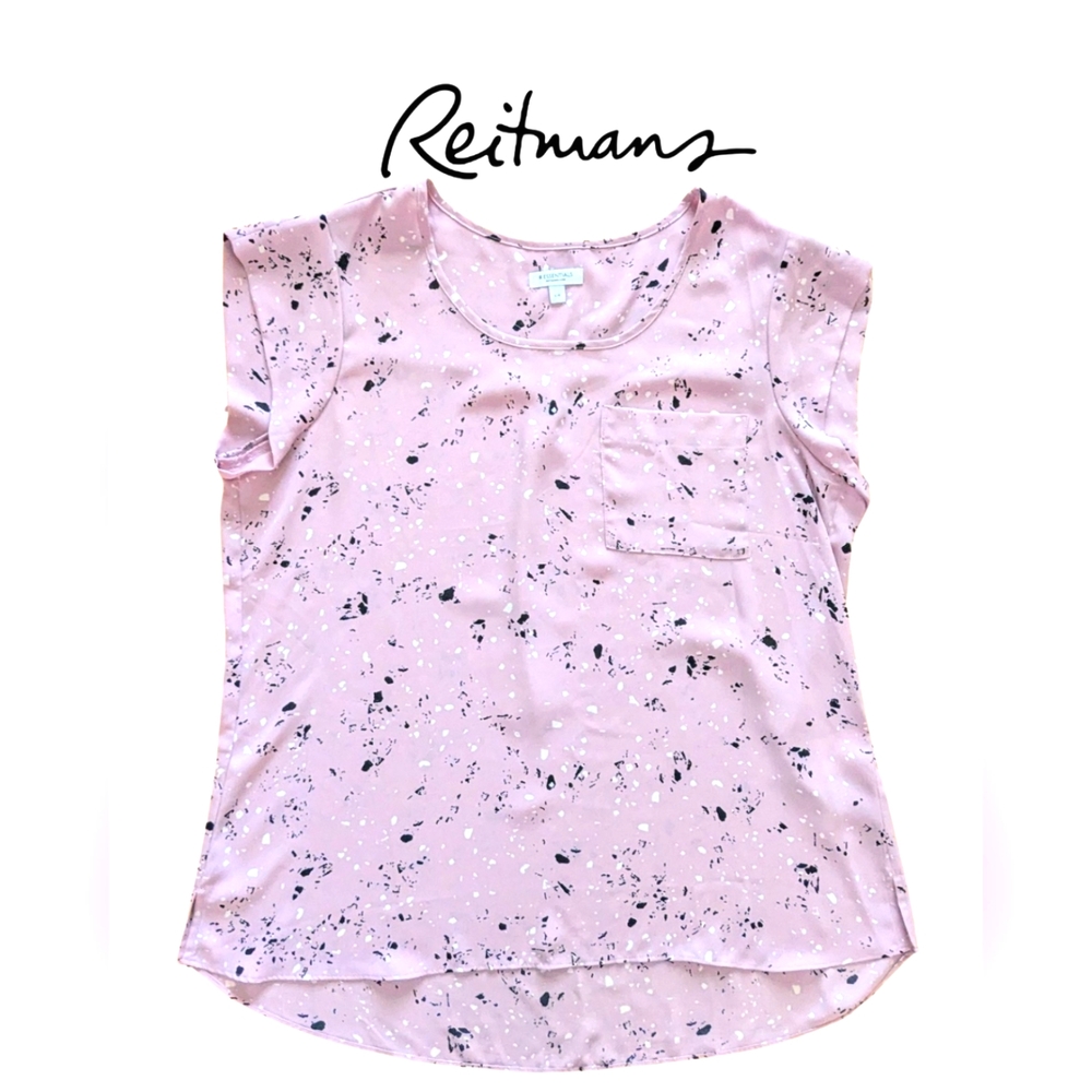 Reitmans size Large EUC, lilac colour w/black & white spot pattern flowy blouse
